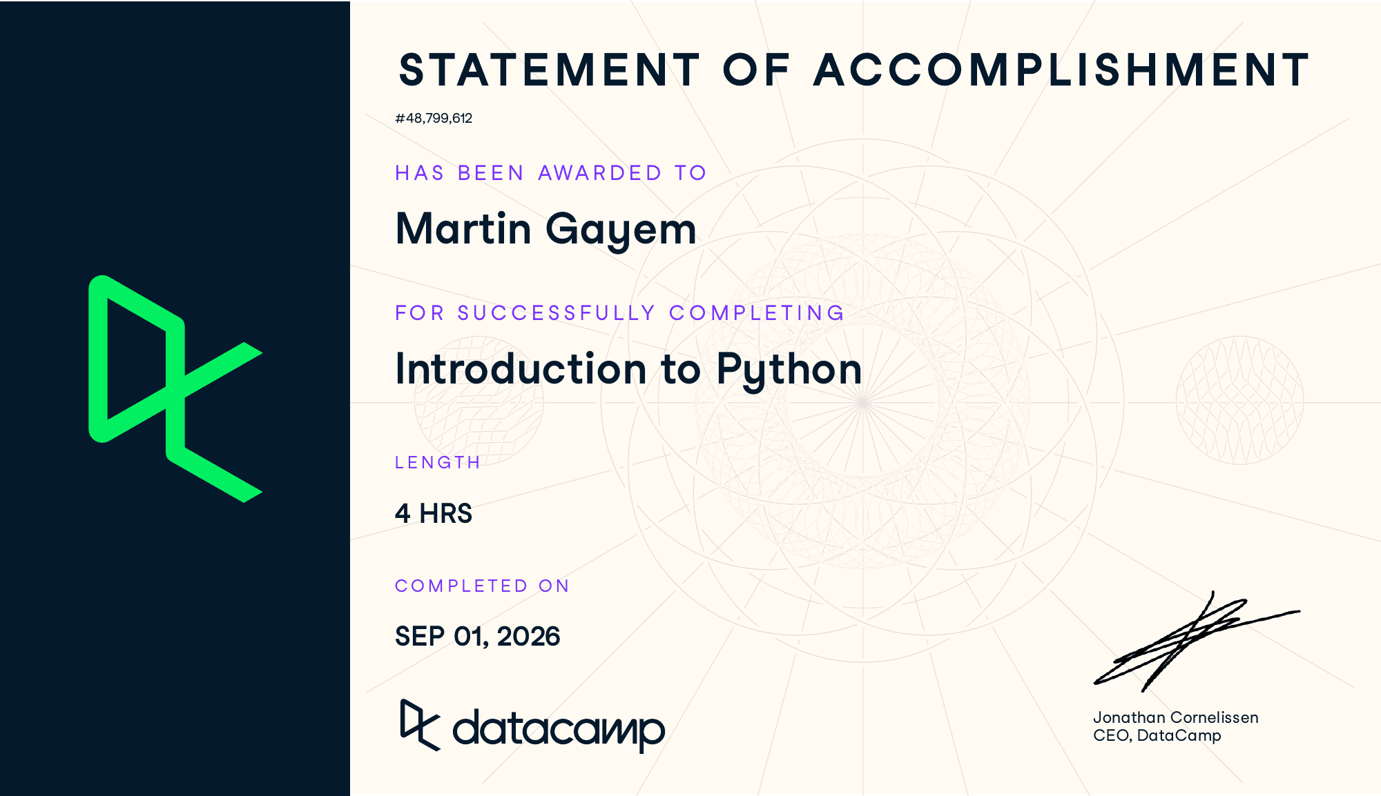 DataCamp statement of accomplishment for Introduction to Python