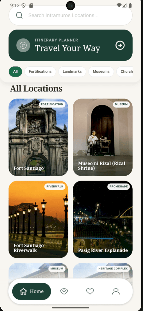 InTravel mobile home screen showing destinations around Intramuros