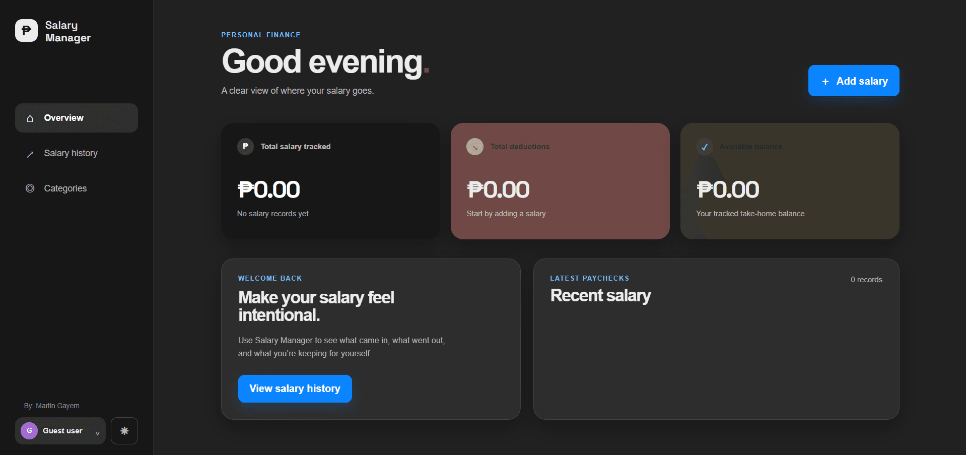 Salary Manager overview dashboard with salary, deductions, and balance cards