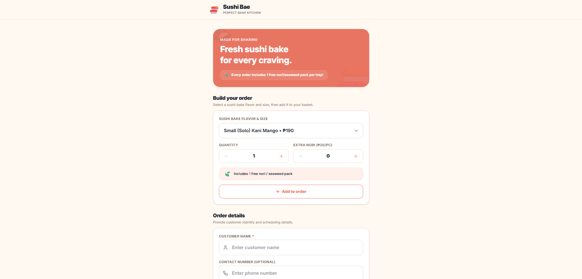 Sushi Bae order form with flavor, quantity, and customer details