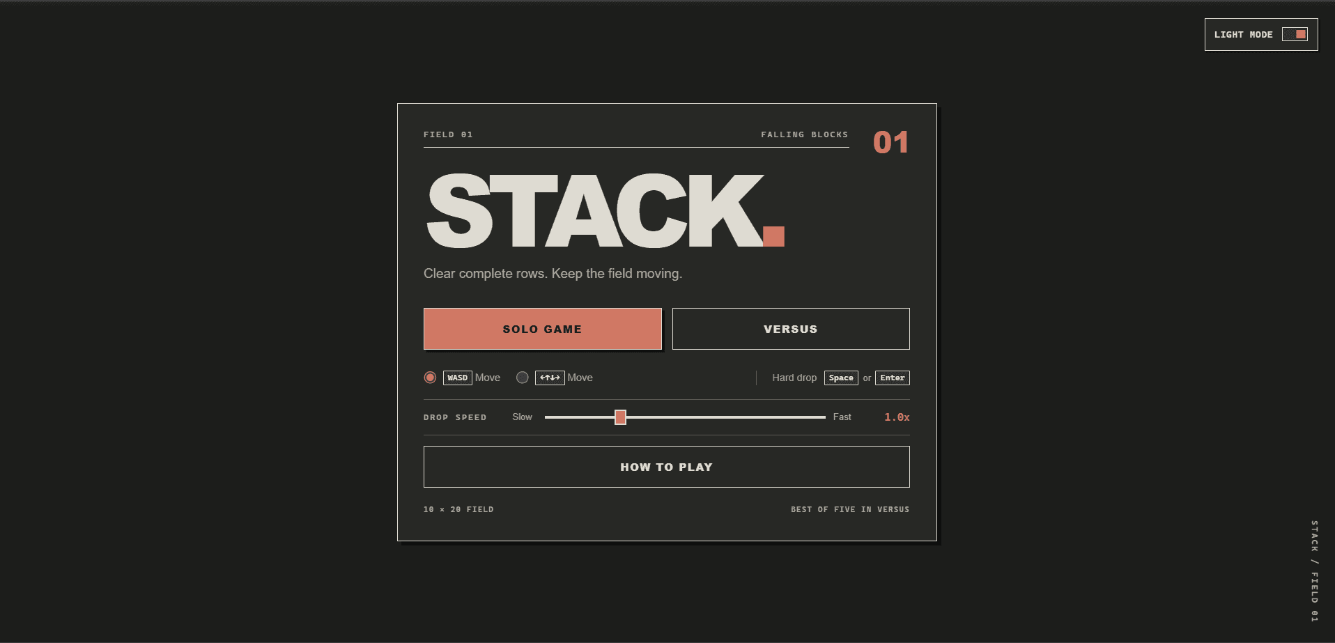 Stack Tetris main menu with solo, versus, and drop-speed controls
