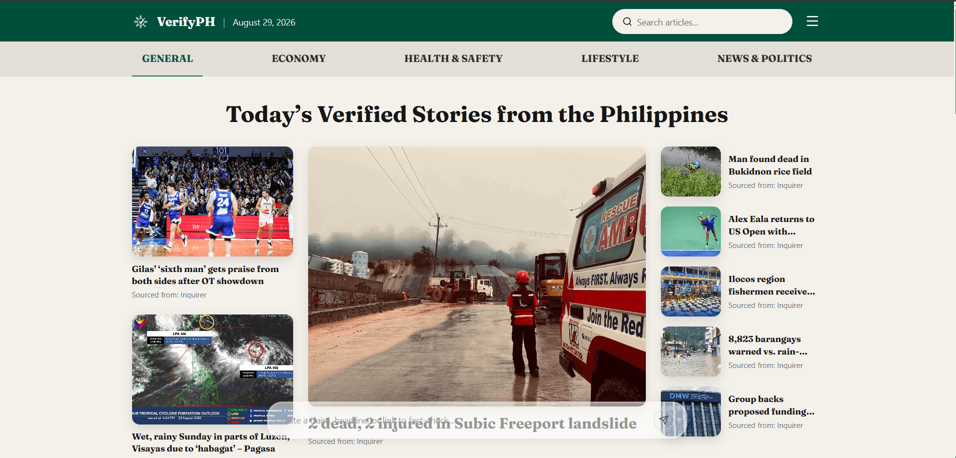 VerifyPH news feed showing verified stories from Philippine sources